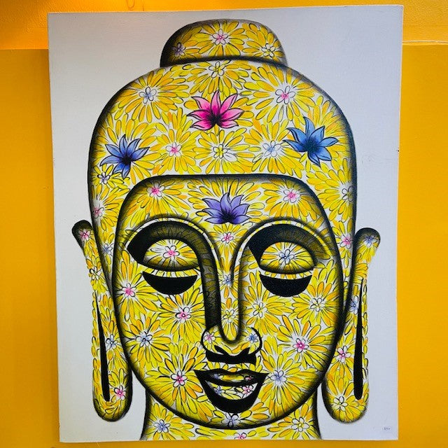 Quadro buddha dipinto su tela stile hippie fiori - ETNICBAY