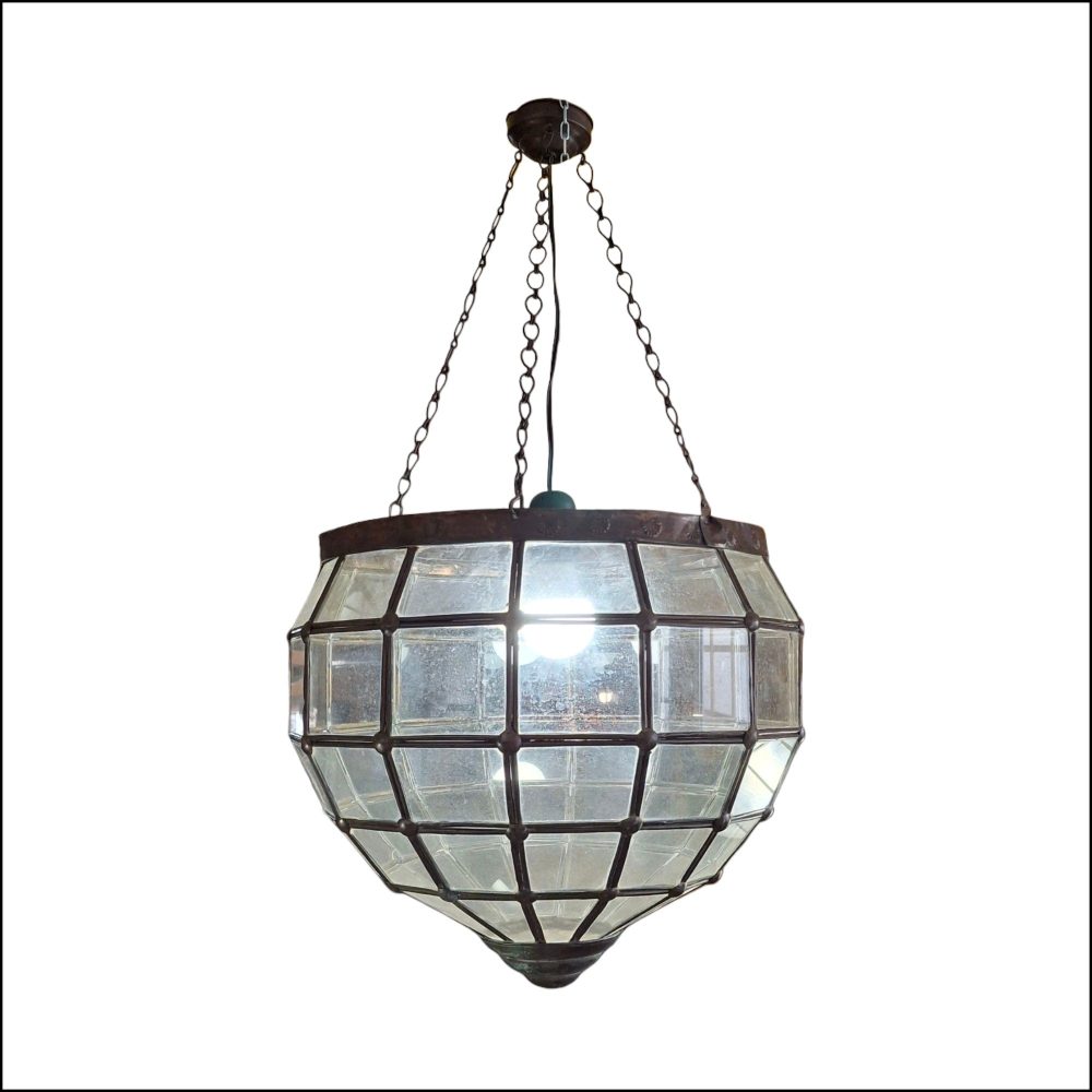 Lampadario etnica in ferro battuto e vetro