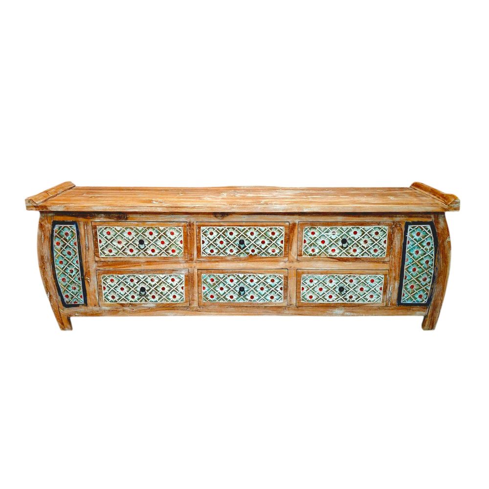 Mobile etnico porta tv in legno teak cassettiera shabby chic