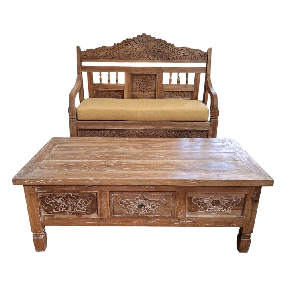 Set divanetto e tavolino legno teak intagliato - ETNICBAY