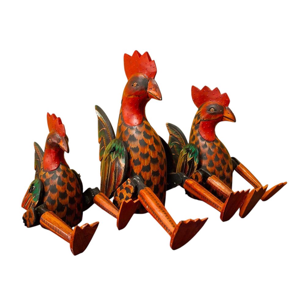 Set statuette burattino gallo in legno