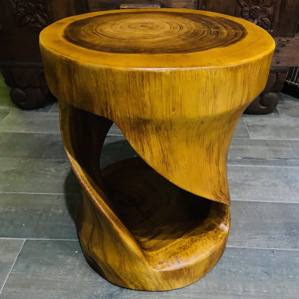 Comodino Etnico Legno Suar Massello Sgabello Spirale Tavolino Rotondo - ETNICBAY