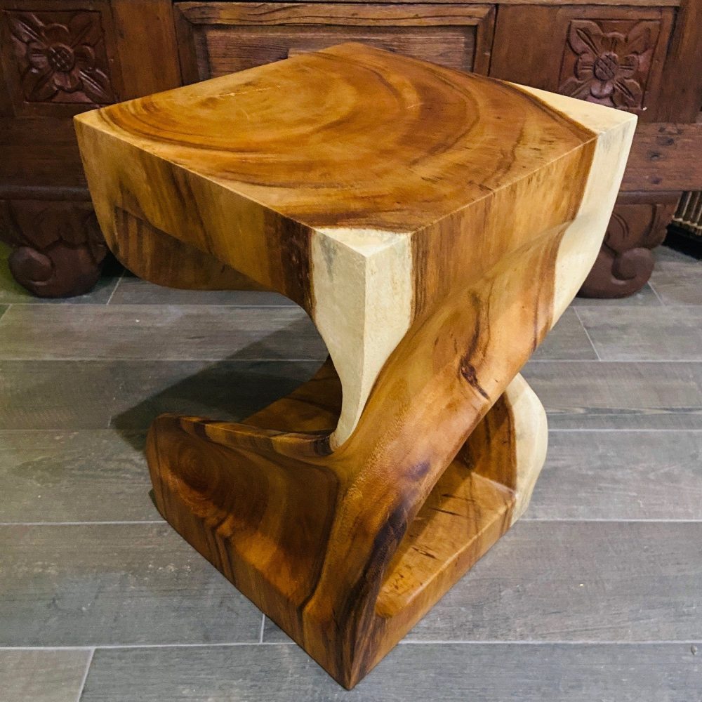 Comodino Etnico Legno Suar Massello Sgabello Spirale Tavolino Clessidra - ETNICBAY