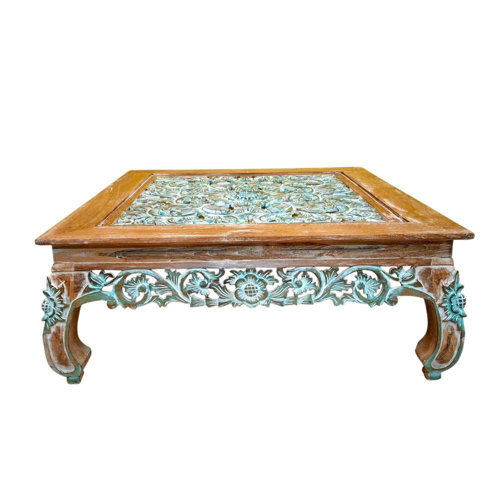 Tavolino etnico da salotto design floreale in legno teak - ETNICBAY