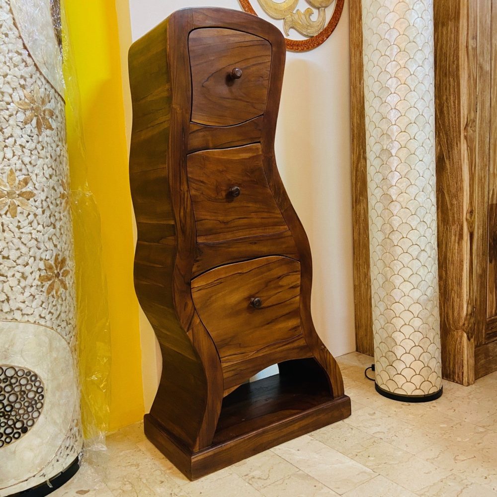 Cassettiera etnica onda in legno teak mobile alto