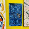 Quadro legno massello blu ed oro fiori in rilievo - ETNICBAY