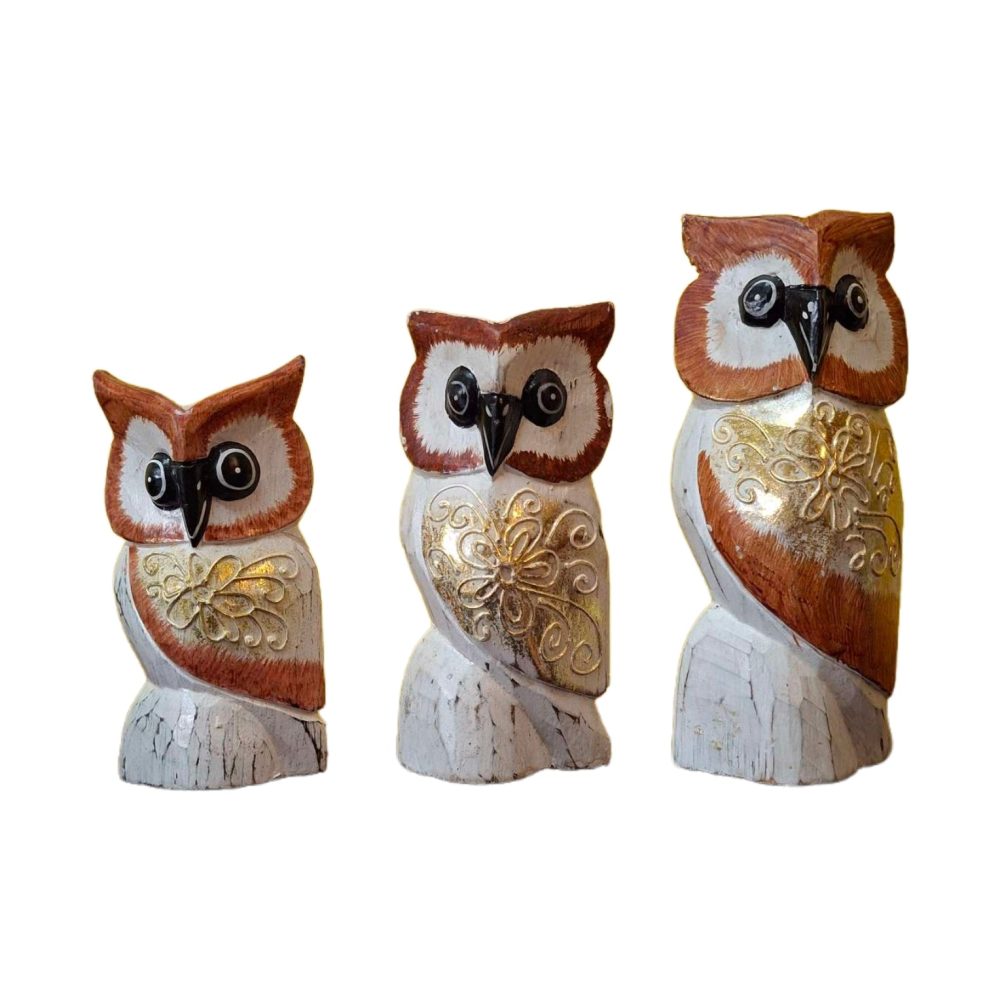 Gufi Set Statuette Legno Soprammobile Stile Etnico - ETNICBAY