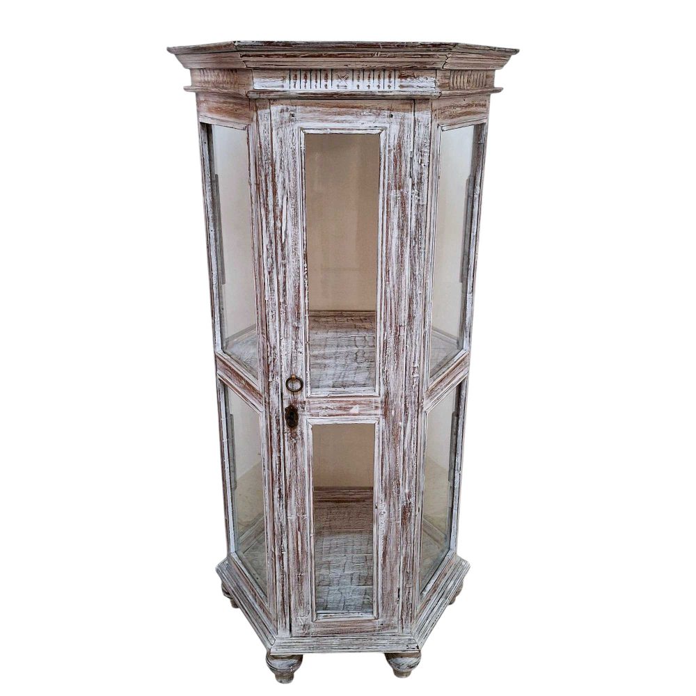 Vetrinetta in legno teak decapata bianca espositore etnico